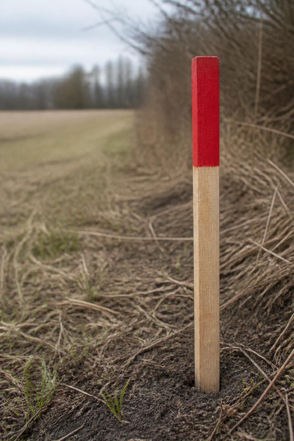 Marked boundary stake beside open undeveloped acreage in soft light.